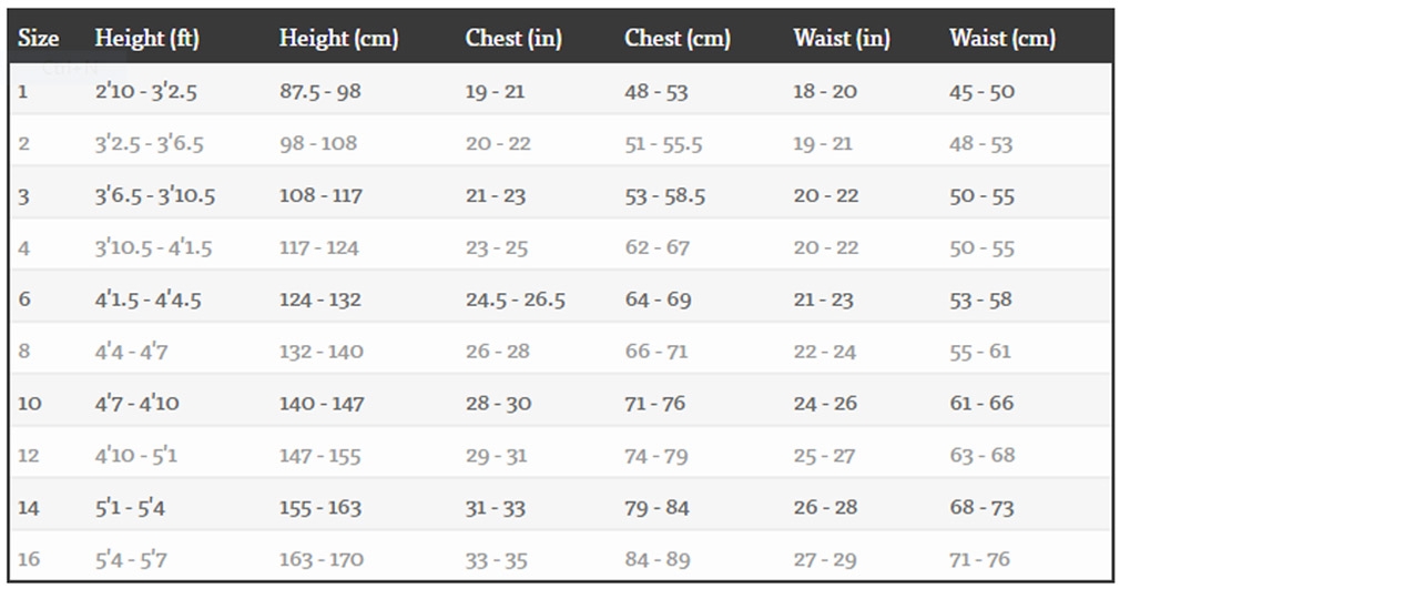 Billabong Kids Size Chart
