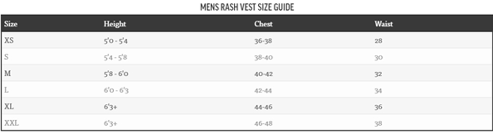 O'Neill Mens Rash Top Size Guide