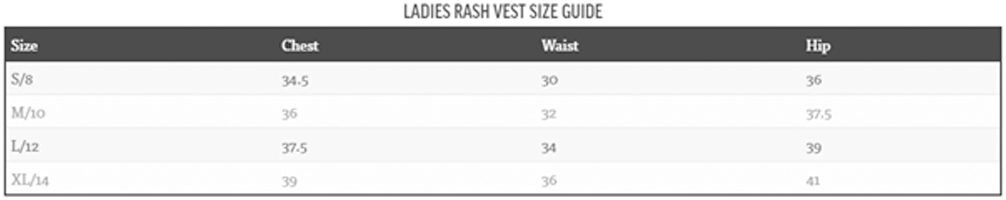 O'Neill Womens Rash Top Size Guide