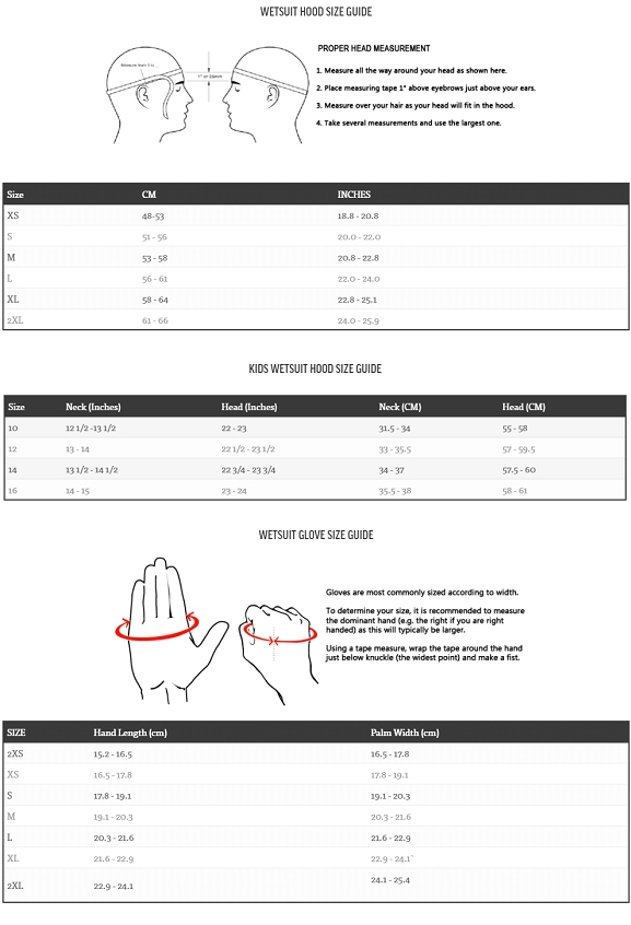 Wetsuit Accessories Size Guide